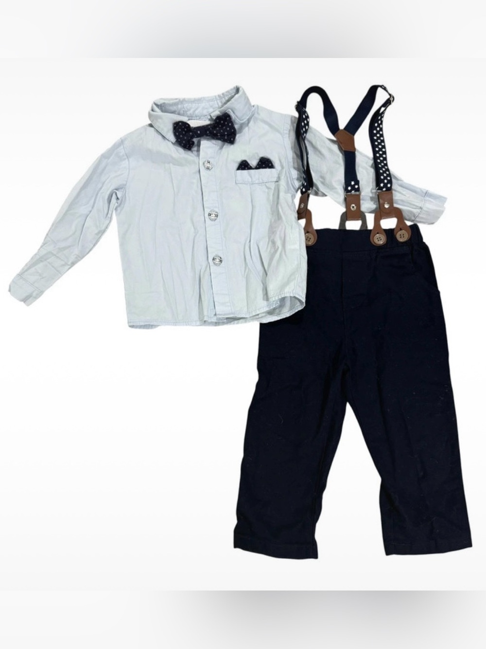 Boutique Navy Blue & Light Blue Suspender Formal Outfit 12-18 month